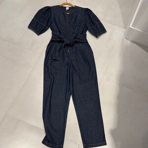 Dark Denim Jumpsuit with Puff Sleeves